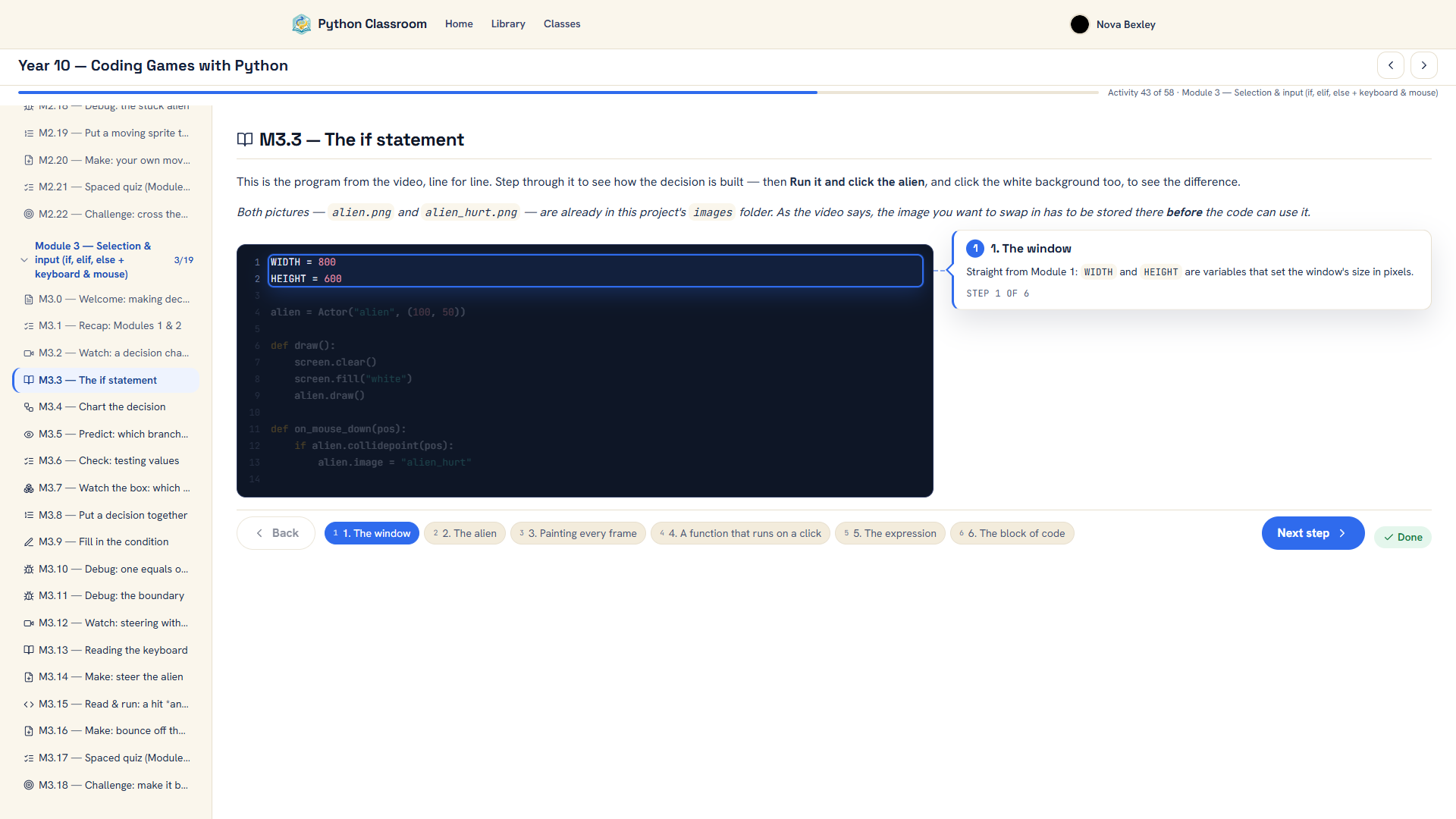 A Year 10 Python course open in the browser: the full activity list on the left, and a worked example of an if statement being stepped through on the right